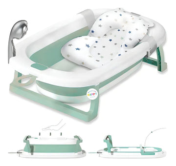 Tina Bañera Para Bebe Plegable Cojin Acolchado + Base Alta Color Verde Suave Cojín Estrellas
