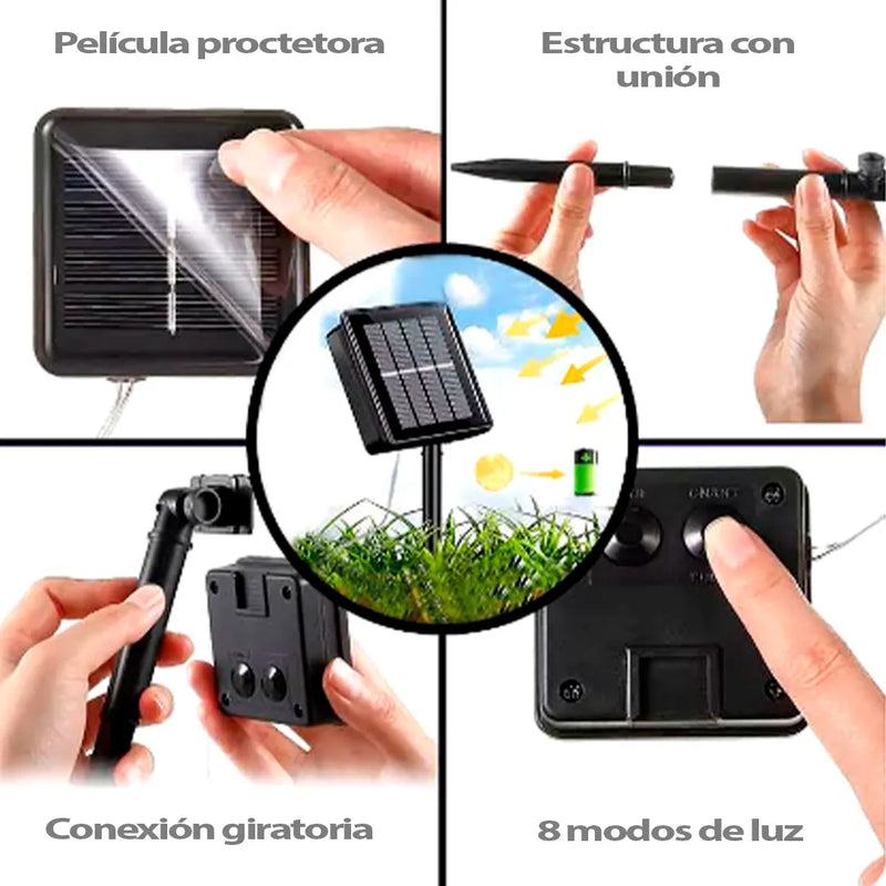 Luz Navideña Solar 100 Led 12mt Recargable Cálida Secuencias Cálido