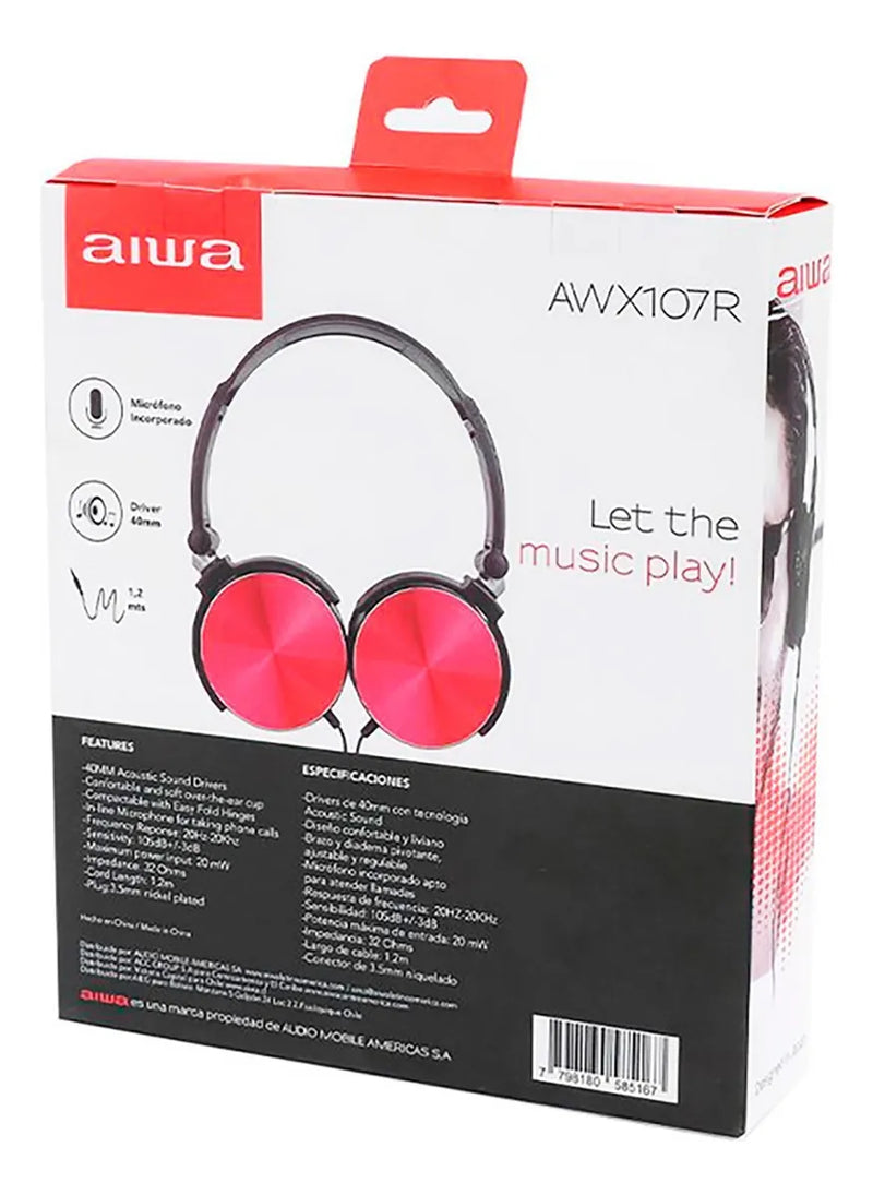 Audifonos Diadema Manos Libres Estereo Aiwa Aw X107r Rojo