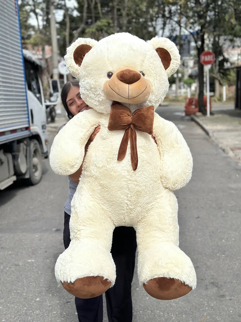Oso De Peluche Gigante 1,60 + Moño + 3 Globos Perfumado Blanco Hueso