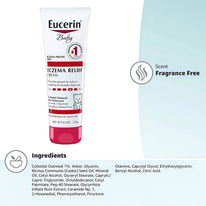 Eucerin Baby Eczema Relief Crema 226 g | Hidratante Suave Hipoalergénica Sin Fragancia Para Bebé con Piel Seca, Sensible o con Eczema | Loción Dermatológica con Avena Coloidal Que Calma, Protege y Ali