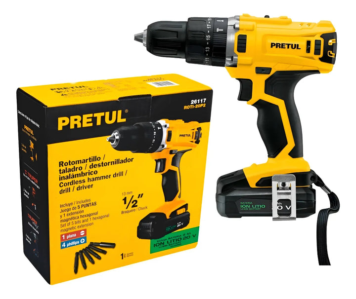 Taladro Inalámbrico Con Percutor 20v Mandril 1/2 Pretul Amarillo 60 Hz
