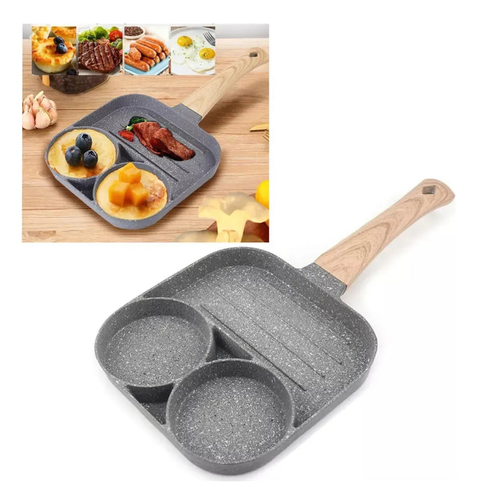 Sarten Antiadherente 3 Puestos Cocina Huevos Arepas Gris