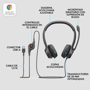 Logitech H390, Diadema Usb / Mic Sin Ruido Y Controles Cable Negro