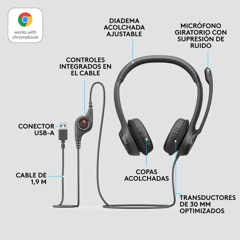 Logitech H390, Diadema Usb / Mic Sin Ruido Y Controles Cable Negro