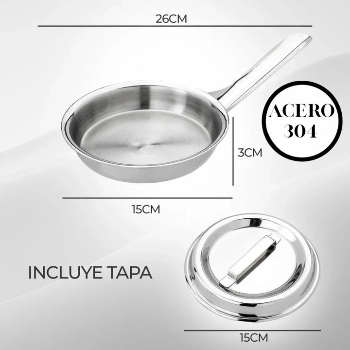 Sartén Huevos 15cm Acero Quirurgico 18/10 Con Tapa Premium Plateado