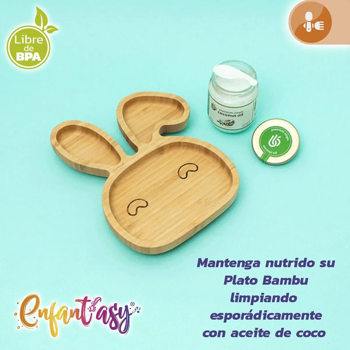 Plato Bambu Antideslizante Con Cuchara Silicona Para Bebés Color Menta Conejo