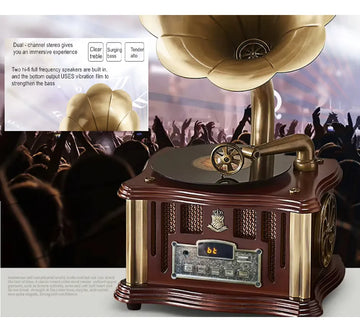 Altavoz Fonógrafo Vintage Estereo, Super Bass De Lujo Madera Con Dorado
