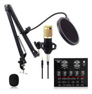Kit Micrófono Condensador Profesional Con Tarjeta Sonido V8 Dorado