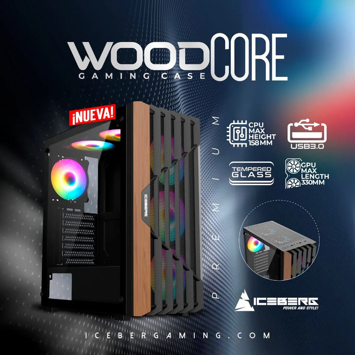 Gabinete Gamer Iceberg Wood Core 6 Ventiladores Argb Negro