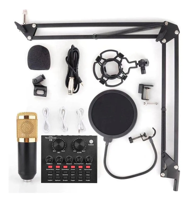 Kit Micrófono Profesional De Condensador + Tarjeta Sonido V8 Negro