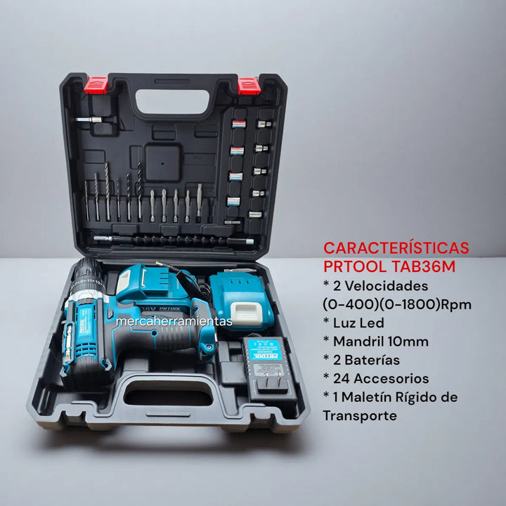 Taladro Percutor Prtool Tab36m 2 Baterías 5ah + Accesorios Azul Acero 50hz/60hz