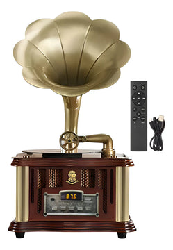 Altavoz Fonógrafo Vintage Estereo, Super Bass De Lujo Madera Con Dorado
