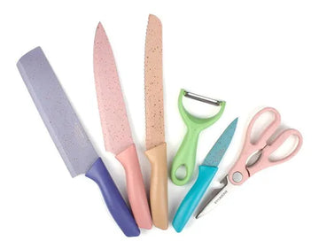 Set Cuchillos 6 Pzs Acero Inoxidable Mármol Mango Ergonómico Pastel