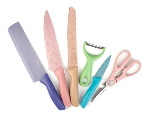 Set Cuchillos 6 Pzs Acero Inoxidable Mármol Mango Ergonómico Pastel