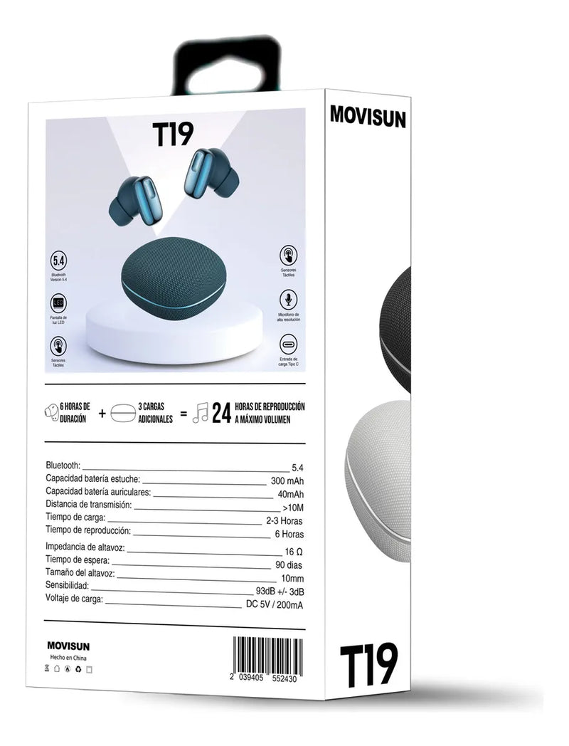 Audífonos Tws Inalámbricos Movisun T19 Bluetooth 24 Horas Color Verde