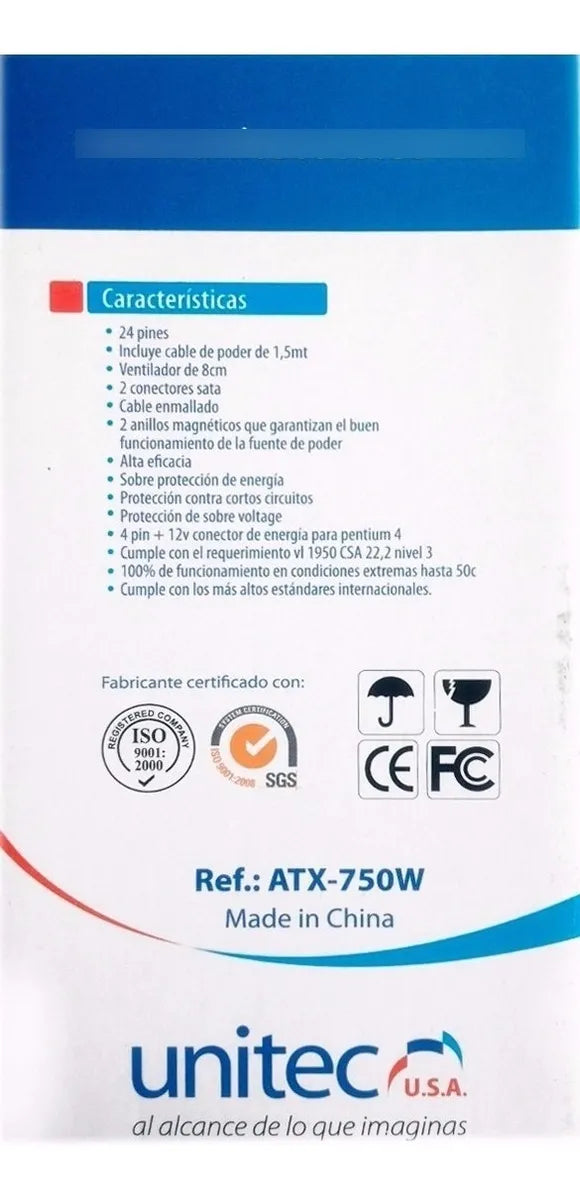 Fuente Poder Computador Torre Atx 750w Nominales Unitec