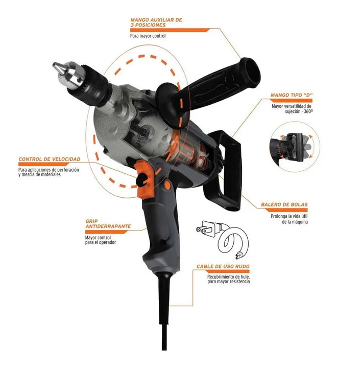 Taladro Tipo Espada Industrial 1/2'' 1150 W Truper 16714 - Gris - 60