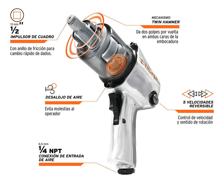 Llave De Impacto 1/2''industrial Con Accesorios Truper 18281 Color Gris