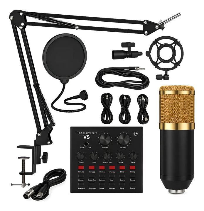 Kit Micrófono Condensador + Tarjeta Sonido Bluetooth V8 Negro