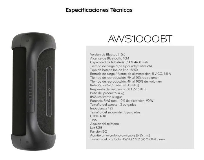 Bocina Portátil Aiwa Aws1000bt Negro Bluetooth 90W RMS Resistente al Agua con Luces LED