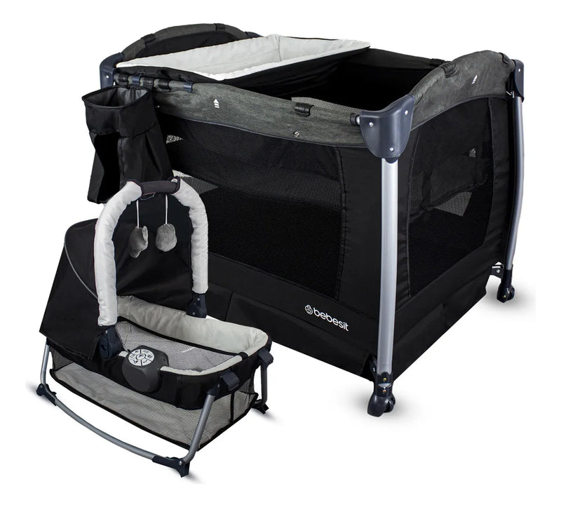 Cuna Corral Bebe + Mosquitero Mecedora y Organizado Negro Bebesit Premium