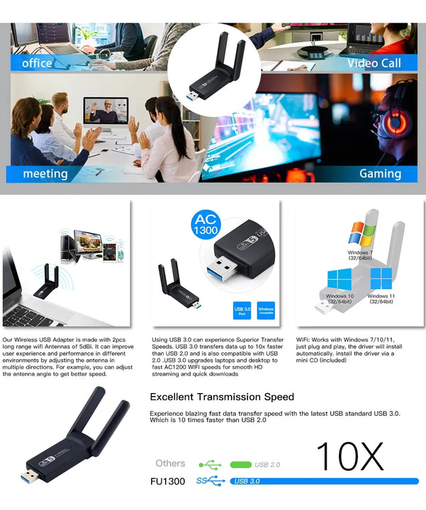 Adaptador Usb Wifi 1300 Mbps Dual 5g Y 2.4g + Bluetooth