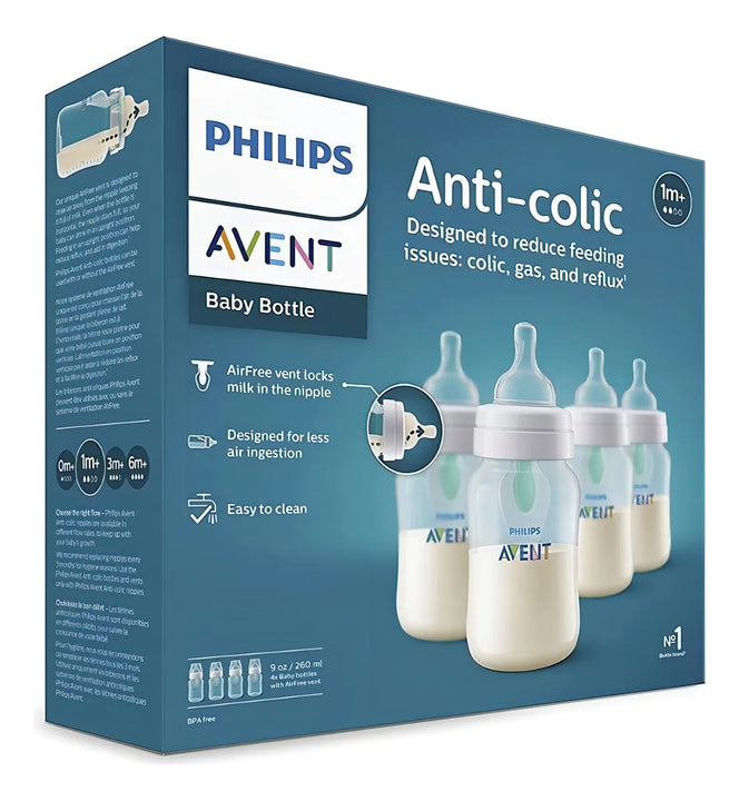 Combo 4 Unidades Biberon Avent Con Valvula Anticolico 9 Oz Transparente Clasico Válvula Airfree