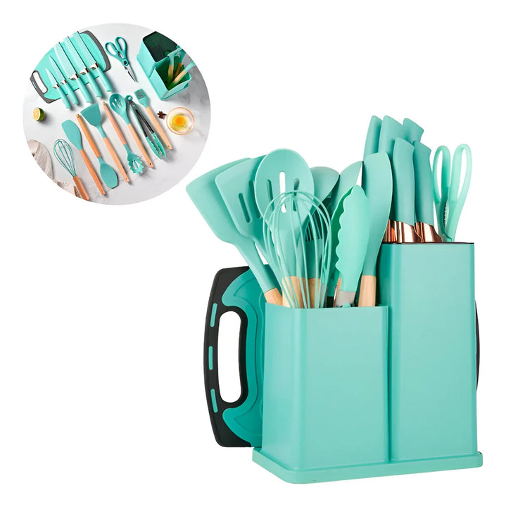 Set Utensilios Cocina Silicona + Set Cuchillos X19 Pcs Verde Turquesa