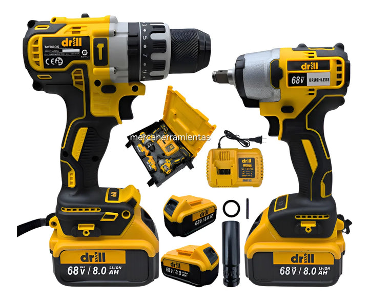 Combo Taladro Inalámbrico 68v Y Pistola Impacto 1/2 Amarillo - Amarillo - 50 Hz/60 Hz
