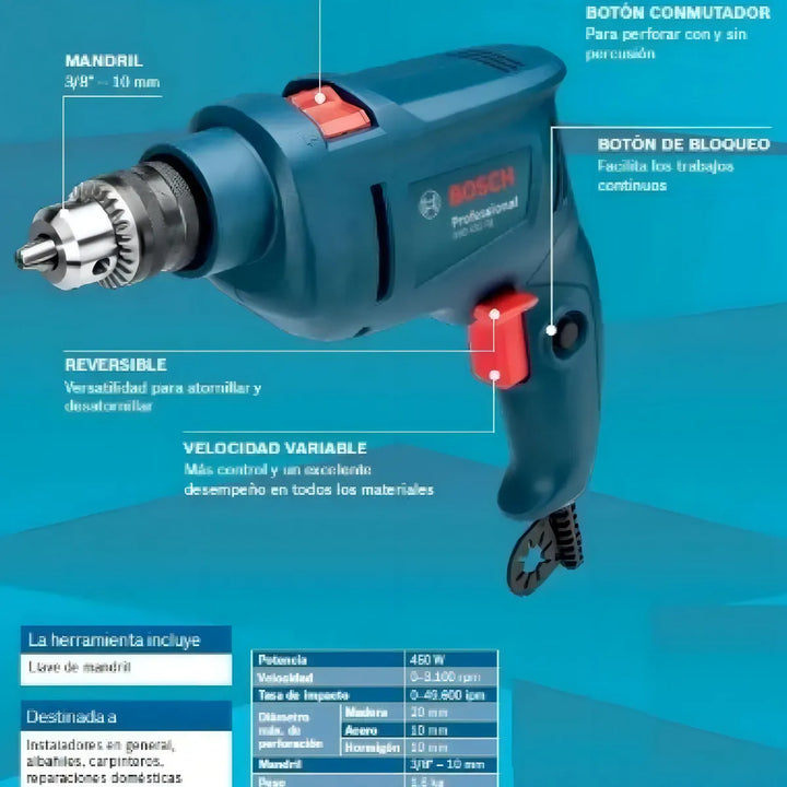 Taladro percutor atornillador eléctrico de 10mm Bosch GSB 450 450W + 0 baterías de 0mAh + accesorio con caja de cartón 60Hz