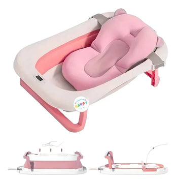 Tina Bañera Para Bebe Plegable Cojin Acolchado + Base Alta Color Rosa- Blanco Cojín Rosa