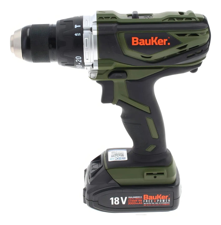 Taladro percutor atornillador inalámbrico de 13mm Bauker CD180JN-2P 18V + accesorios