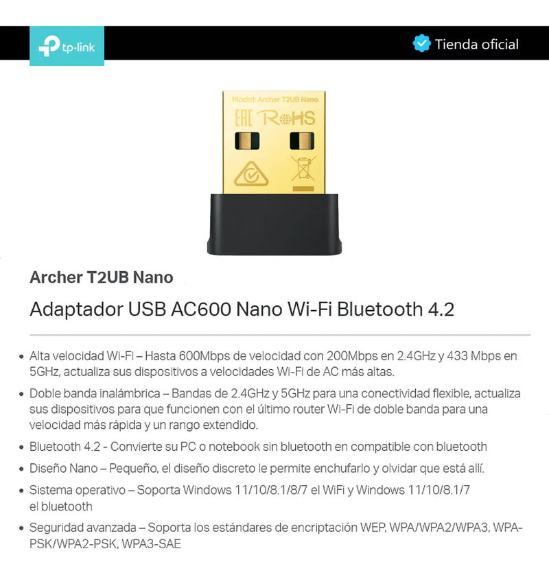 Tp-link Archer T2ub Nano, Adaptador Usb Bluetooth Wifi Ac600