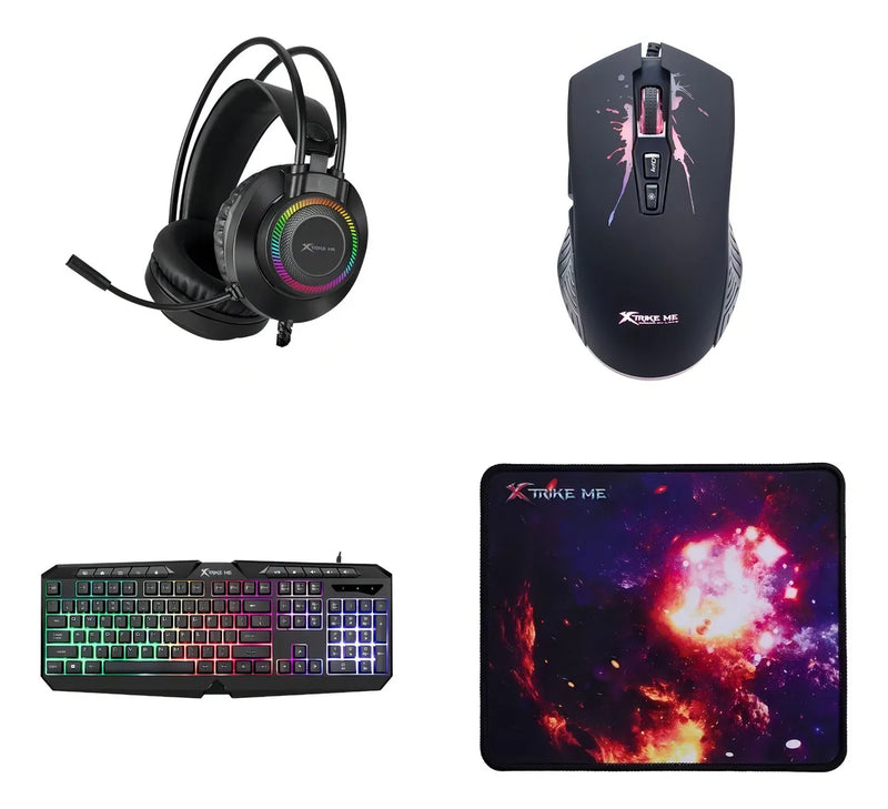 Combo Gamer 4en1 Xtrike Me Teclado Mouse Audifono Pad Rgb Color del teclado Negro