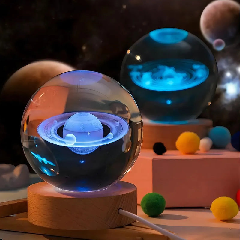 3d Lampara De Noche Led Galaxia Bola Cristal, Sistema Solar,luz Nocturna Colorida Led 3d Galaxia Bola De Cristal,base De Madera Regulable Modelo De Planeta De Amigos Y Amantes Navideños Para Niños