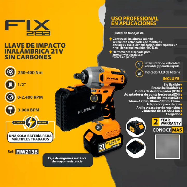 Llave De Impacto Inalámbrica 21v +2 Baterias. 1/2 Brushless - Amarillo - 50/60 Hz