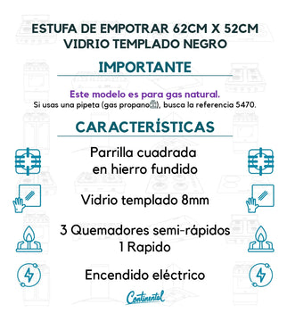 Estufa De Empotrar Vidrio Parrilla Hierro Fundido 5487 Gas Natural