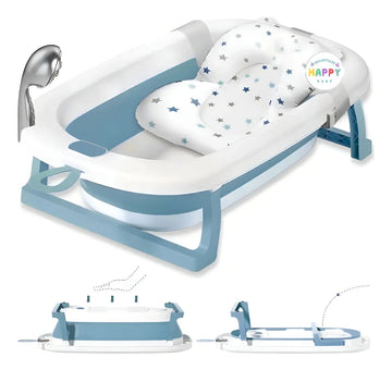 Tina Bañera Para Bebe Plegable Cojin Acolchado + Base Alta Color Azul / Cojín Estrellas