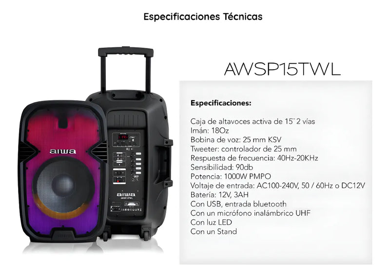 Cabina Aiwa AWSP15TWL Bluetooth Radio Fm Microfono Tripode Color Negro