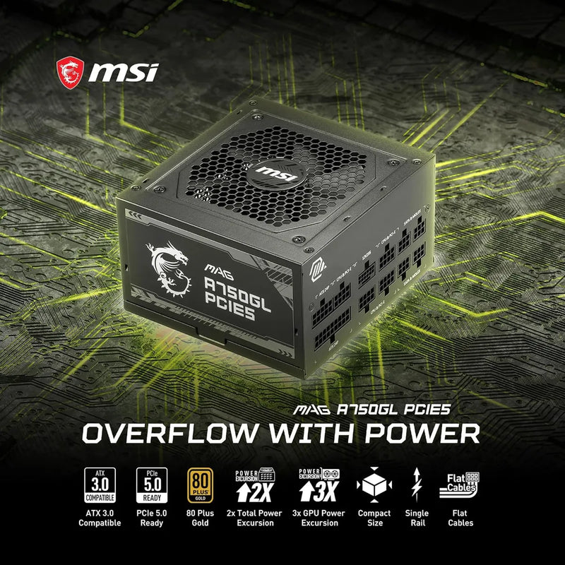 Fuente De Poder Msi Mag A750gl Pcie5 750w 80plusgold Fullmod Negro
