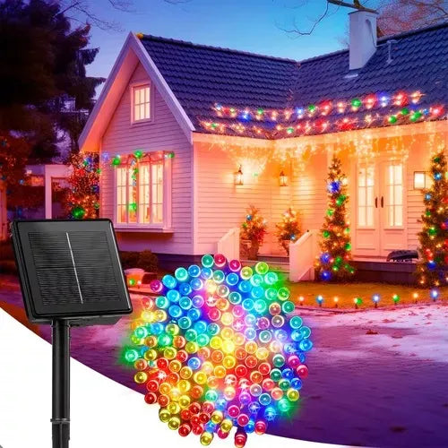 Luz Navideña Solar 100 Led 12mt Multicolor Secuencias Ip67