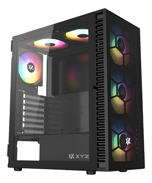 Chasis Atx Xyz Airone 100 Glass 6.fan Argb Negra Vidrio Temp Negro