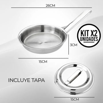 Set x2 Sartenes de Acero Quirúrgico 18/10 con Tapa, Cocina Gourmet Saludable, Alta Durabilidad, Antiadherente Natural sin Revestimientos, Apta para Todo Tipo de Estufas