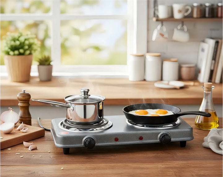 Fogon Estufa Electrica Portatil Gris Negro Cafe 2 Puestos Quemadores Potencia 2000w Cocina Compacta Resistente Hogar Oficina Viajes Camping Practica Rapida Segura Limpieza Sencilla