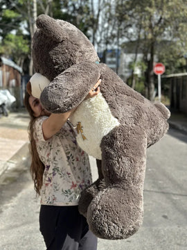 Oso De Peluche Gigante Metro Y Medio 1,55 + Moño + 3 Globos Gris Oscuro