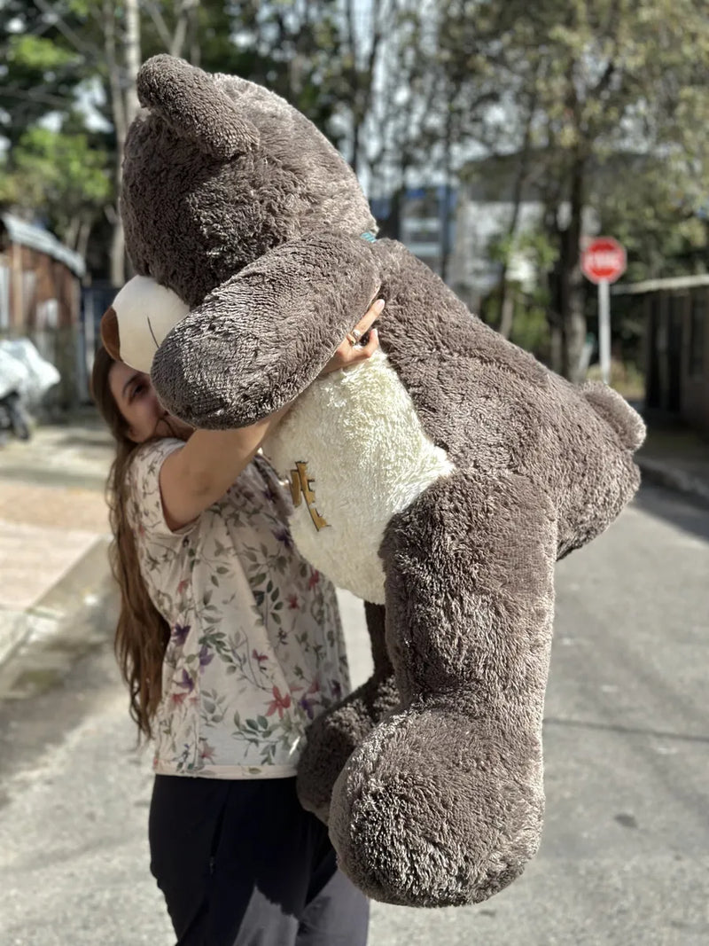 Oso De Peluche Gigante Metro Y Medio 1,55 + Moño + 3 Globos Gris Oscuro