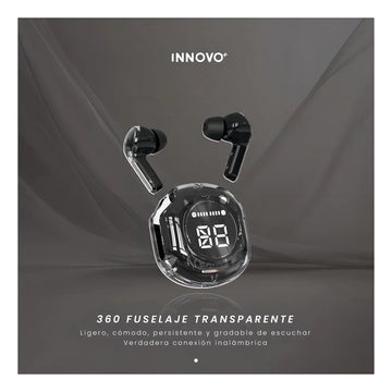 Audífonos Innovo PodsPRO Bluetooth Inalámbricos Negro con Micrófono y Luz LED