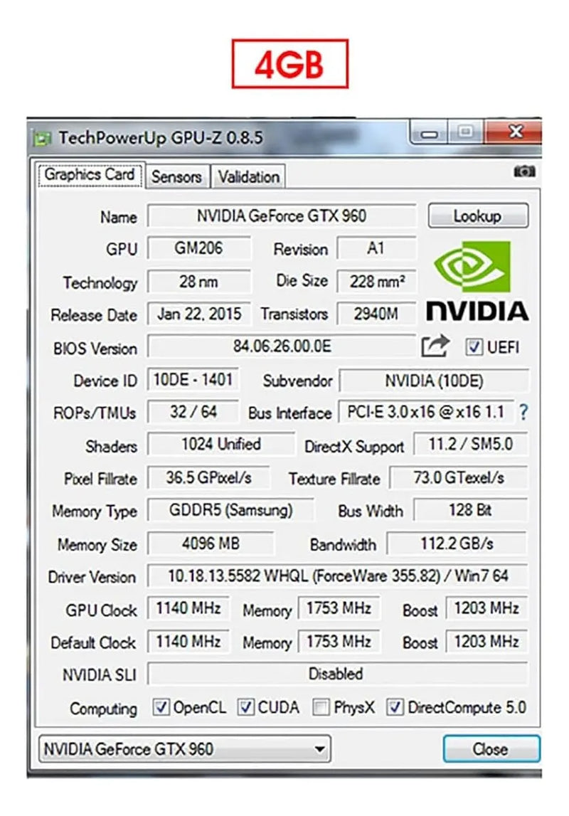 Tarjeta Grafica Gtx960 4gb Gddr5 Pcie 3.0 - Rendimiento Y Ef