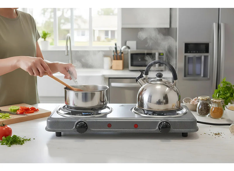 Fogon Estufa Electrica Portatil Gris Negro Cafe 2 Puestos Quemadores Potencia 2000w Cocina Compacta Resistente Hogar Oficina Viajes Camping Practica Rapida Segura Limpieza Sencilla